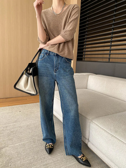 [LANMREM] Rough Edge Design Jeans Women High Waist Straight Wide Leg Denim Trousers Office Lady Clothing 2025 Autumn New 26C168