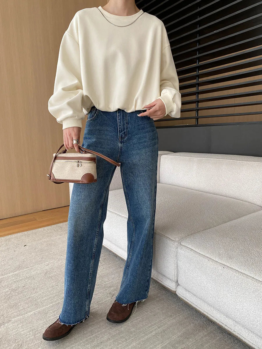 [LANMREM] Rough Edge Design Jeans Women High Waist Straight Wide Leg Denim Trousers Office Lady Clothing 2025 Autumn New 26C168