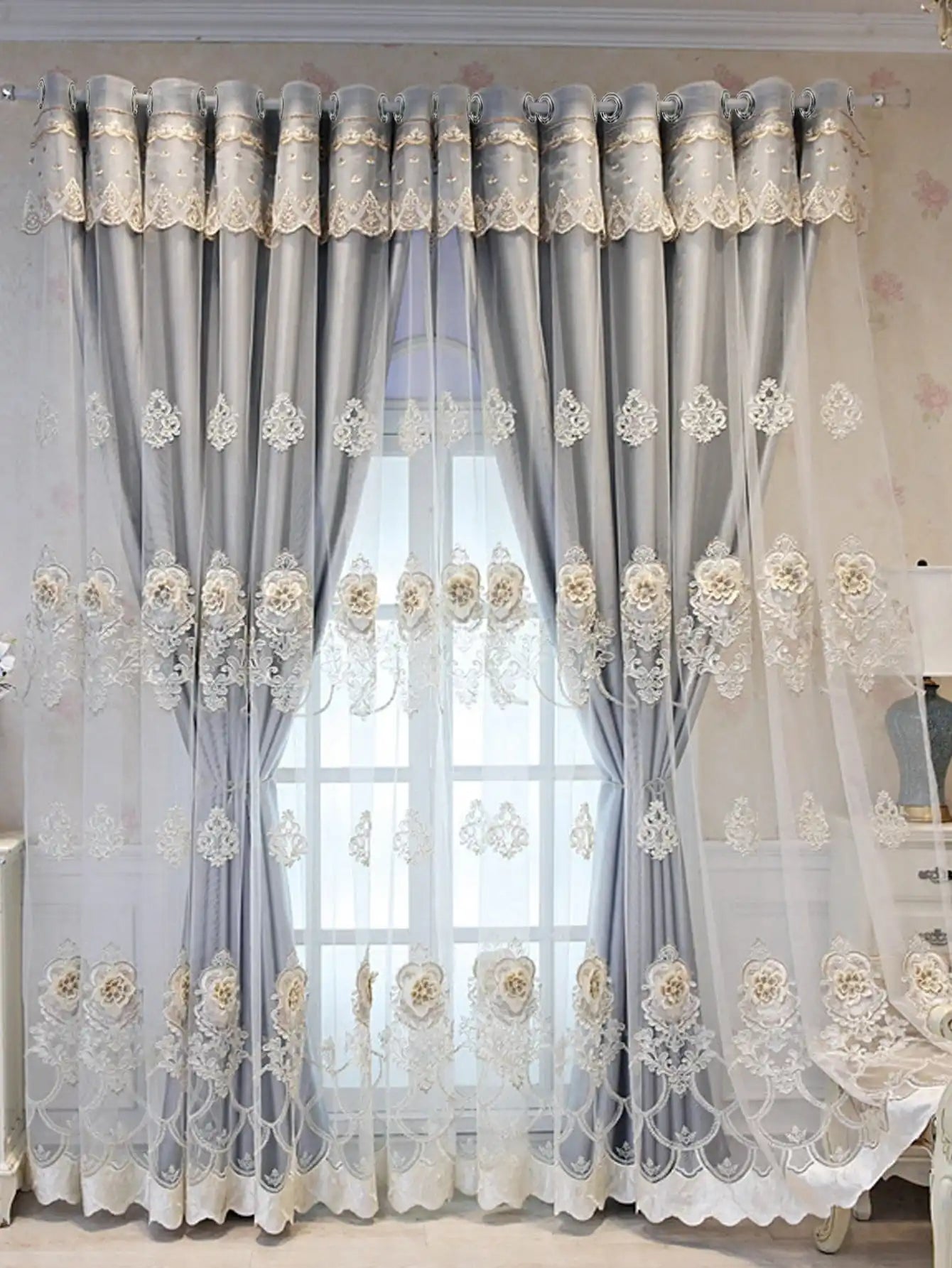 1PC High-precision Luxury Embroidered Fabric and Gauze Integrated Curtains