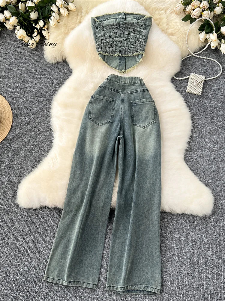 SINGREINY American Hot Girl Denim Suits Strapless Single Tassels Mini Irregular Tops+Holes Long Jeans Female INS Streetwear Sets