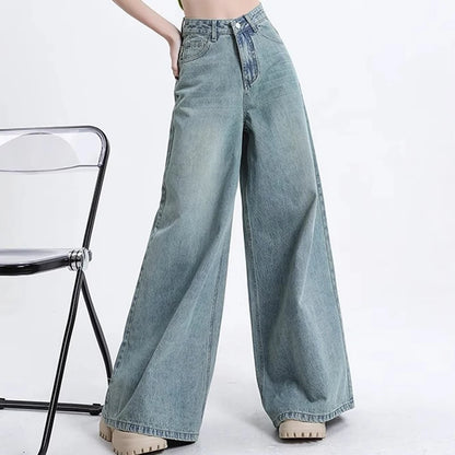 Women High Waist Korean Slacks Wide Leg Jeans Girls Punk 90s Vintage Denim Straight Leg Pants Female Light Blue Baggy Trousers