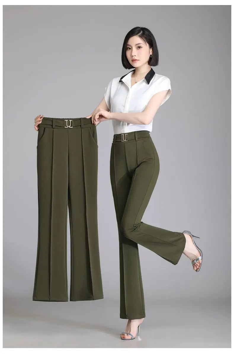 Summer Fashion Elegant Solid Color Commute High Waist Pants Office Lady Casual Elastic Spliced Flare Trousers Women's Clothing