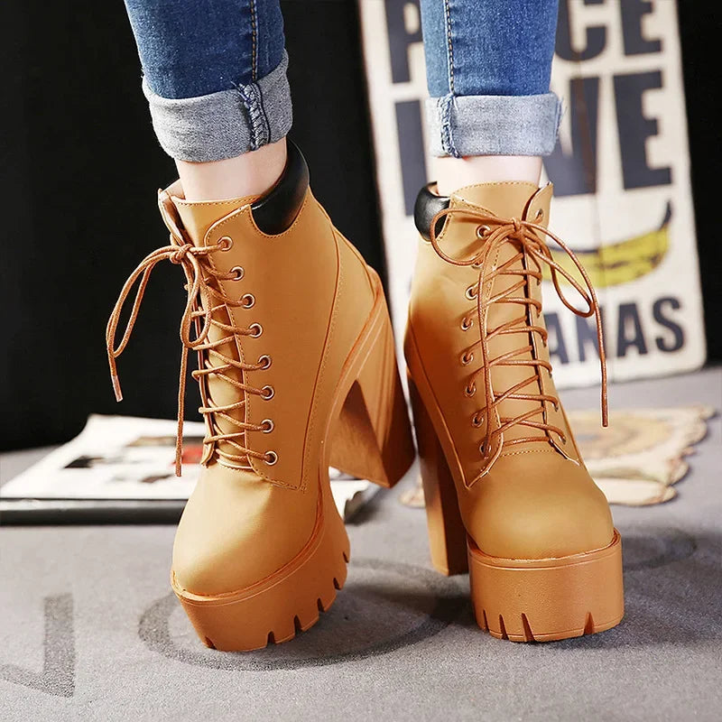 14CM Fashion Motorcycle Boots Women Leather Spring Autumn Metal Buckle High Heels Shoes Zipper brown Ankle Boots Woman Lacing