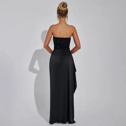 NIDANSSI Sequin Glitter Backless Evening Party Two Piece Set Strapless Top Long Skirt Women Set Elegant Summer 2 Piece Set Women