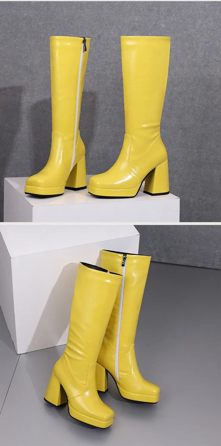 Square Toe Platform Ultra-High Thick Heel Soft PU Side Zipper Women's Knee High Boots With Plush Lining Autumn New Knight Boots