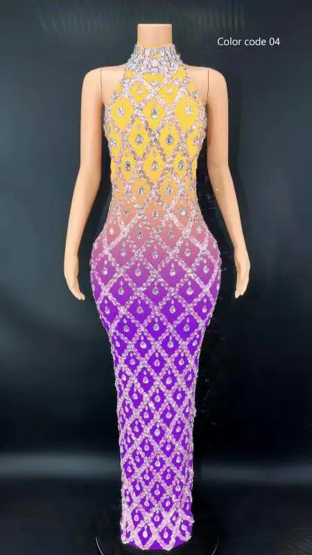 Women Sexy Colorful Mesh Luxury Rhinestones Celebrate Evening Wedding Prom Gown Birthday Club Host Dress Photography Dress