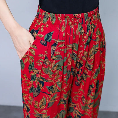 Women Pants High Waist Loose Print Summer Pants for Women Elastic Waist Vintage Clothing