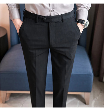 Autumn Winter Thickened Striped Suit Pant Men Business Slim Fit Long Pants Formal Office Social Party Casual Pants Streetwear