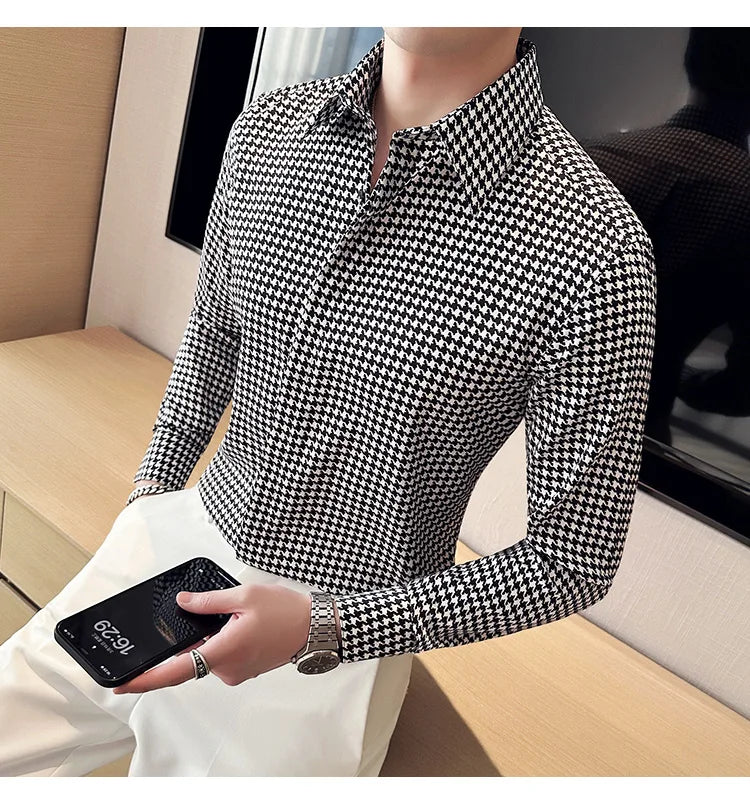 High Quality Vintage Houndstooth Long Sleeve Social Shirts For Men Clothing 2024 Business Slim Fit Casual Prom Tuxedo Non-Iron