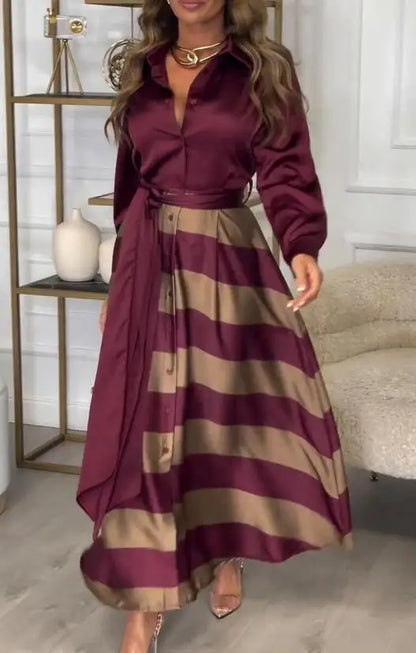 2024 Spring Autumn Elegant Style Flip Collar Fake Two Long Sleeved Shirts Top with Tie Stripes A-Line Skirt with Long Dresses