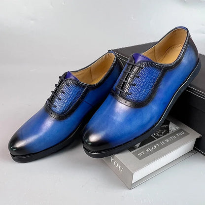 New Men's Business Leather Shoes Fashion Summer Lace-Up Blue Black Hand Carved Wedding Shoes  Office Oxford Shoes