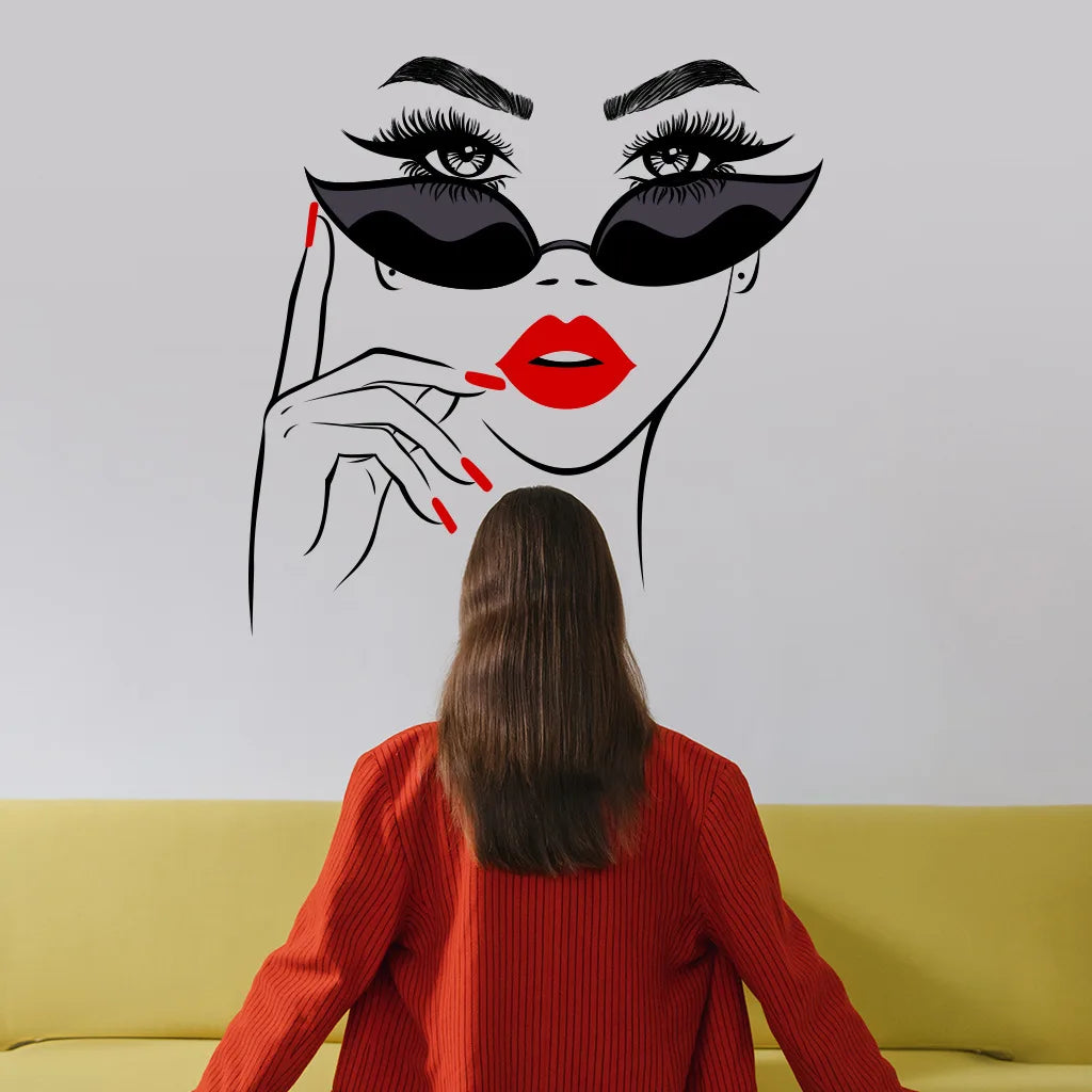 Beauty Female Face Wall Sticker Decal Beauty Studio Wallpaper Cosmetic Makeup Wall Art Sticker Mural Removable Salon Decoration