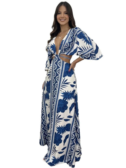 Sexy Printed Long Dresses Deep V-neck Women Hollow Out Lace-up Bat Half Sleeve Vacation Dress Spring Summer New Bohemian Style