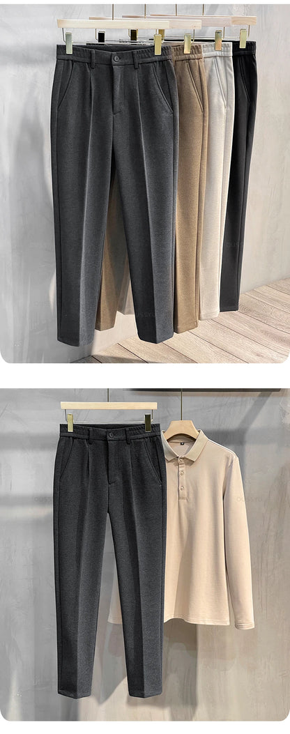 Autumn Winter Suit Pants Men Thick Business Elastic Waist Classic Grey Brown Woolen Straight Korean Formal Trousers Male 27-38