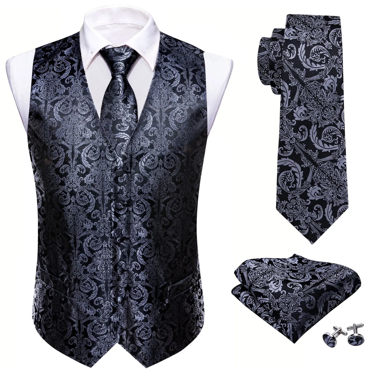 Designer Vest for Men Silk Embroidered Red Burgundy Paisley Waistcoat Tie Pocket Square Set Slim Fit Wedding Suit Barry Wang