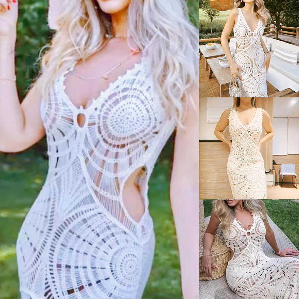 Knitted Beach Dress Women Holiday Outfits Sexy Hollow Out Sleeveless Slim Long Dress Summer Elegant Backless Maxi Dress