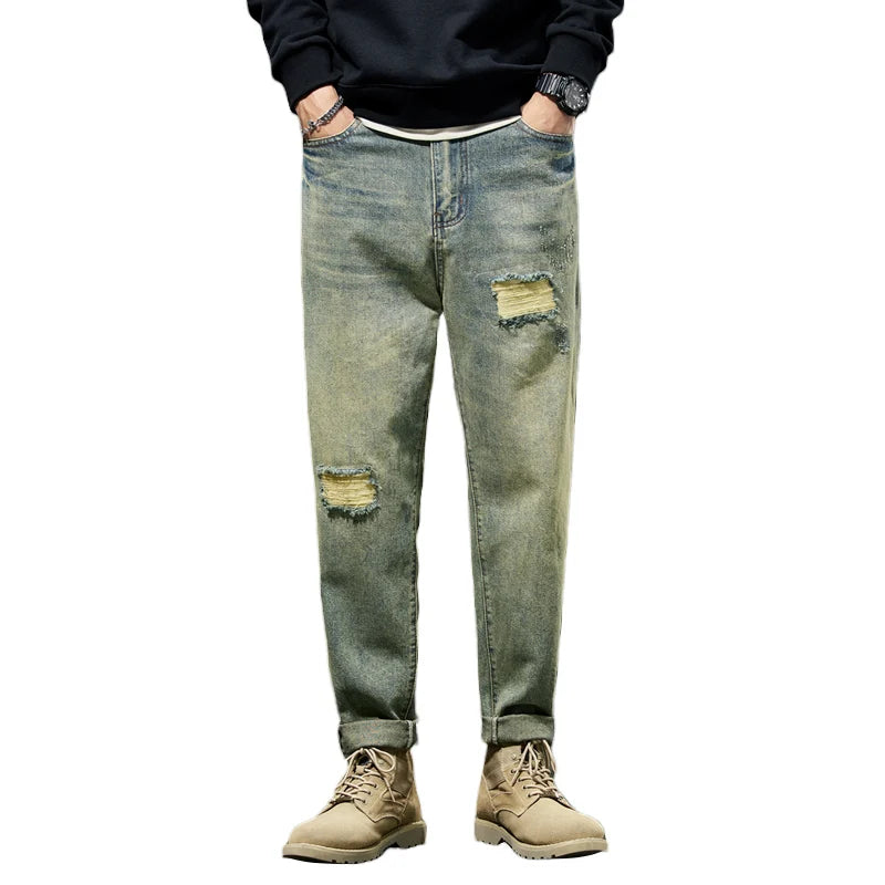 Ripped Jeans Men Loose Fit Retro Blue Baggy Jeans Distressed Hip Hop Denim Pants Streetwear Biker & Moto Patchwork Frayed Jeans