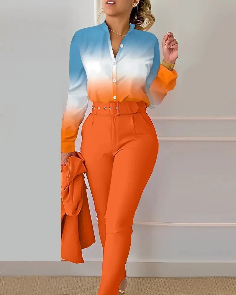 Elegant Women Two Piece Set Suits Fall New Fashion Print Long Sleeve Top Solid Color Pants Set With Belt  Blouses Female Clothes