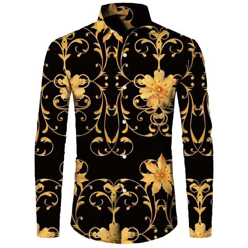 Golden Flower Pattern Print Men's Shirts Casual Single-Breasted Cardigan Long Sleeve Shirt Fashion Trend Tops Men Clothing