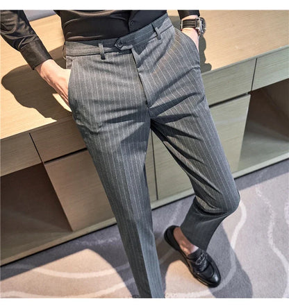 Men Boutique Black Striped Suits Pants Male Formal Wear Wedding Dress Trousers Quality British Style Business Casual Suit Pants