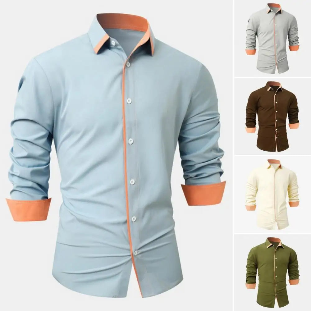 Men Shirt Turn-down Collar Long Sleeve Shirt Single-breasted Slim Fit Soft Breathable Formal Business Style Office Top