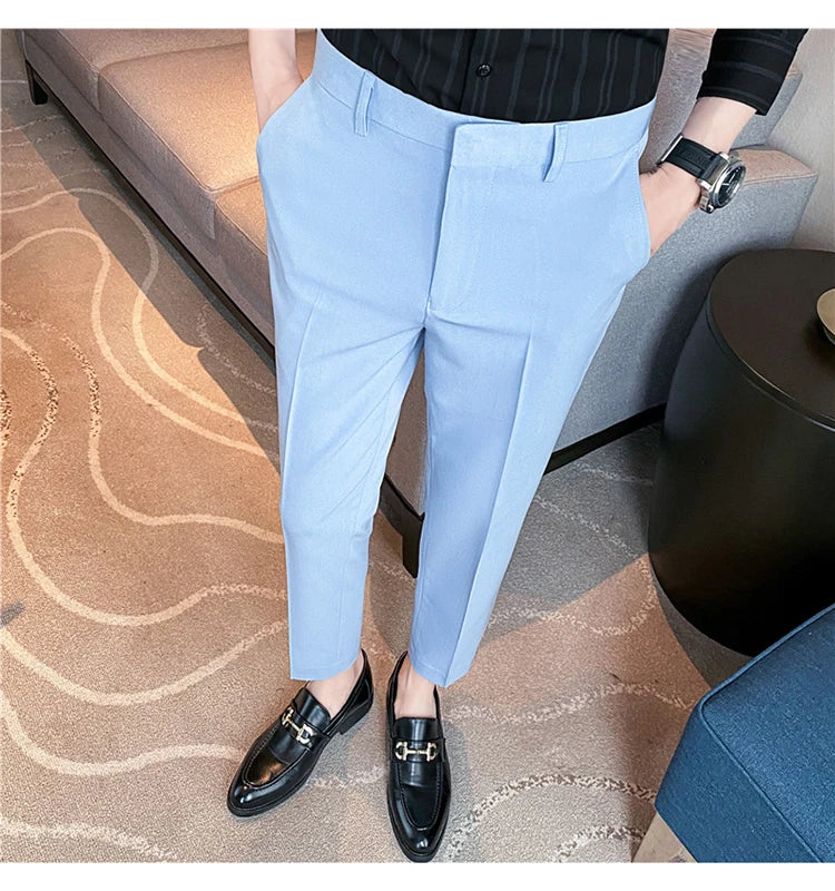 9 Color Summer Fashion Mens Suit Pants Pure Color Business Formal Pants Slim Fit Office Mens Wedding Social Ankle Long Trousers