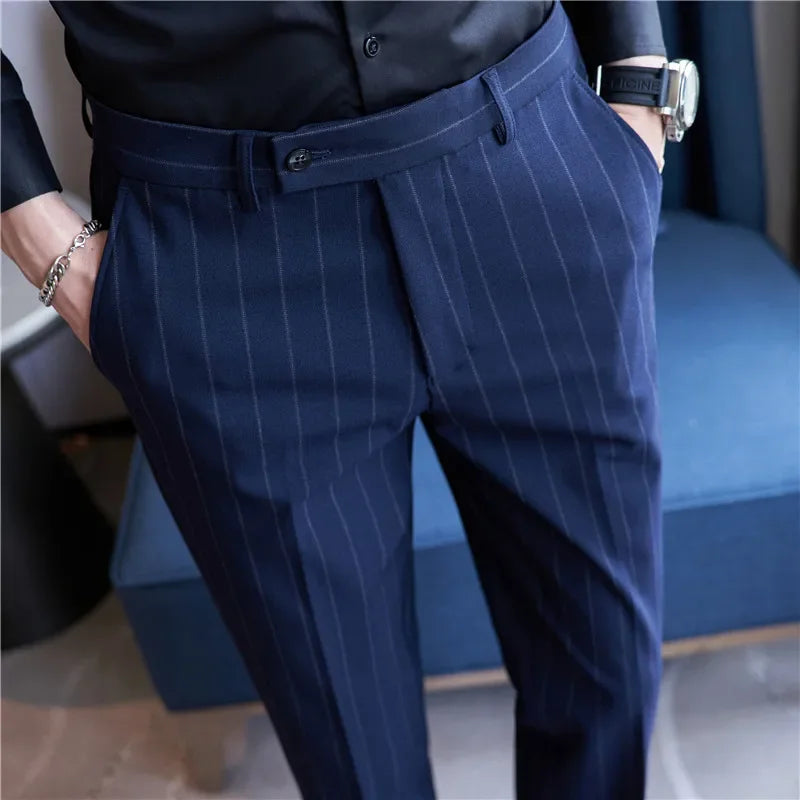 Men's Striped Suit Pants Elastic 2024 Autumn New Social Casual Trousers Slim Fit Suit Pants Business Office Wedding Men Clothing