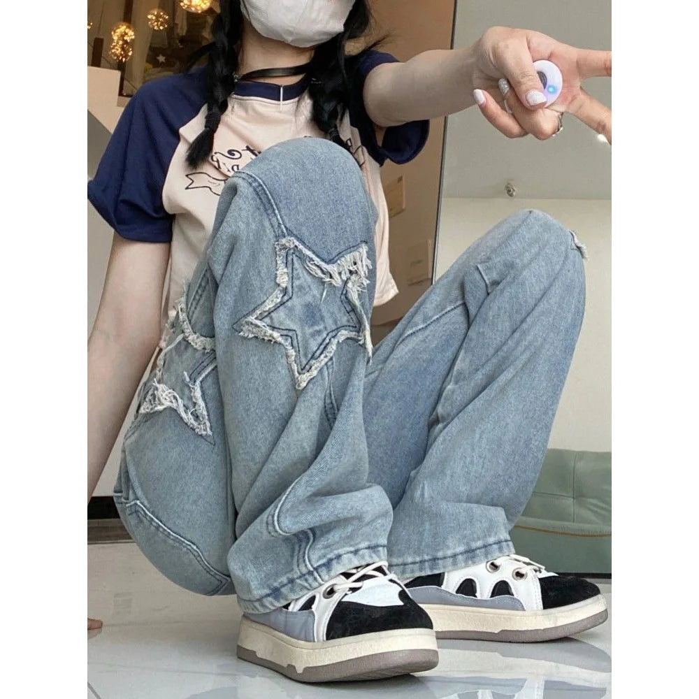 American Retro High Street Jeans Female Spring and Autumn New Design Embroidery High Waist Thin Wide Leg Trousers Tide