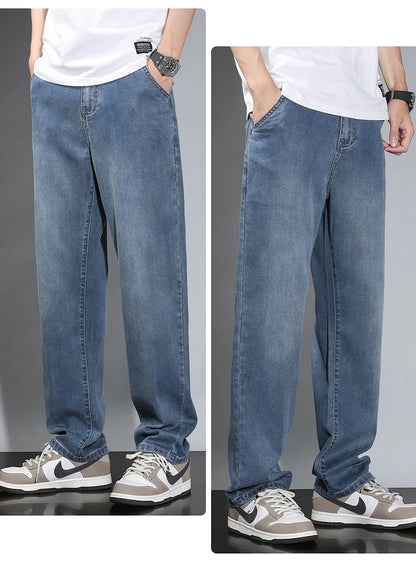 Summer Thin Men's Straight Loose Gray Jeans Soft Fabric Lyocell Fabric Light Colored Casual Pants Male Brand Trousers