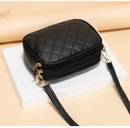 Large Capacity Three Zipper Crossbody Bag, New Fashionable and Simple Diamond Shaped Wave Embroidered Monochrome Camera Bag