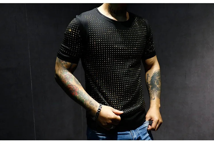 Summer High Quality New  Shiny Round Neck Pure Cotton Slim Heavy Industry Classic Full Diamond Short Sleeve T-Shirt Men