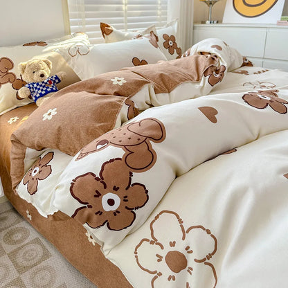 Cute Home Comforter Bedding Sets Washed Cotton Duvet Cover Flat Bed Sheet Set Twin Full Queen King Size Bed For Girls Couple