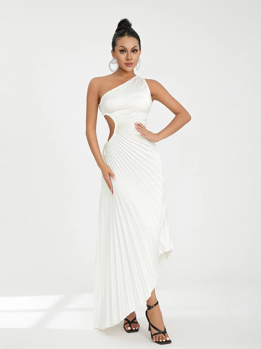 Women Elegant Long Dress Summer Sleeveless One-shoulder Pleated Hollowed Irregular Dress for Cocktail Party Beach Sundress Y2K