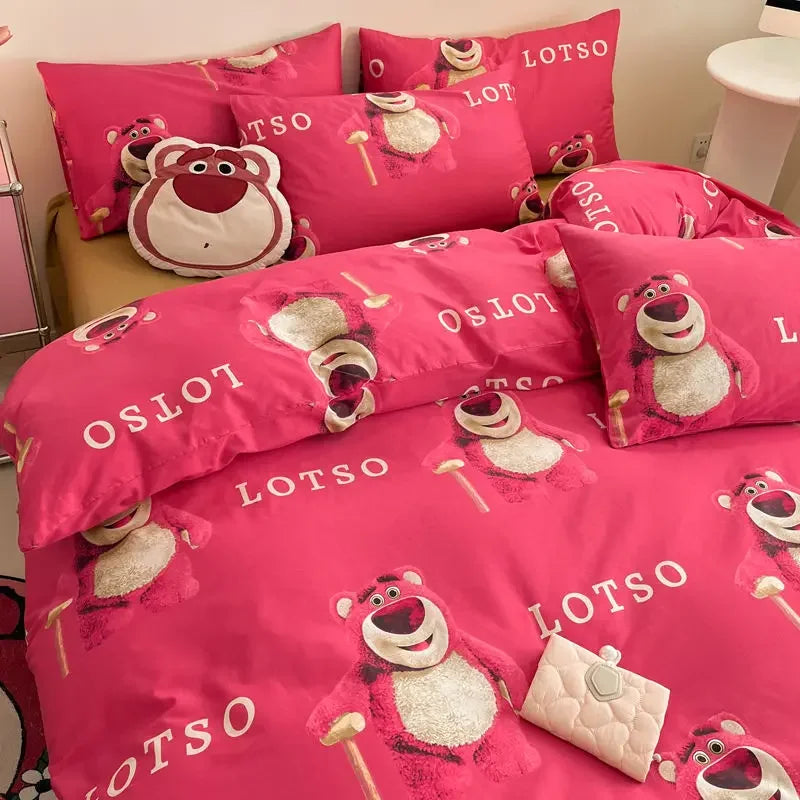 Toy Story Lotso Buzz Lightyear Alien Mickey Stitch Pooh Bear Fun Cartoon Printed Cotton Sheets and Quilt Covers Three Piece Set