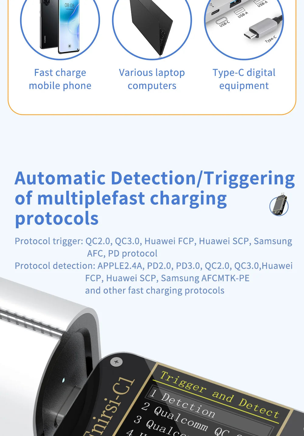 FNIRSI-C1 USB Tester Voltmeter Ammeter Type-C PD Trigger Fast Charging Test Type-C Meter Power Bank tester With PC Software