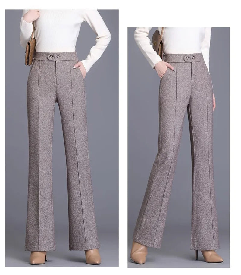 2024 Autumn Winter Women's Woolen Pants New Fashion High Waist Elastic Micro Flare Pants Slim Female Casual Wool Trousers 4XL