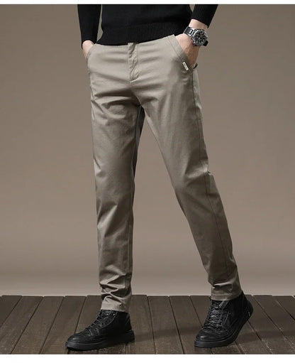 Autumn New Pure Cotton Casual Pants for Men Black Khaki Gray Business Slim Straight Elastic Fashion Casual Long Pants Male