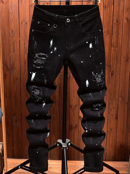 2024 Spring and Autumn New Fashion Trend Retro Ripped Black Stretch Jeans Men's Casual Comfort Straight Leg High Quality Pants