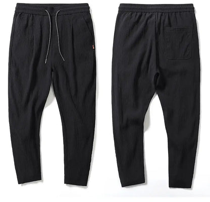 Spring Summer Men Cotton Hemp Ice Silk Pants Streetwear Fashion Male Basic Elastic Waist Loose Sports Straight Casual Trousers