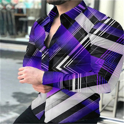 Geometric Pattern Men's Fashion Shirt Long Sleeve Slim Fit Trendy Casual Tops Men's Clothing Graffiti Streetwear Oversized S-6XL