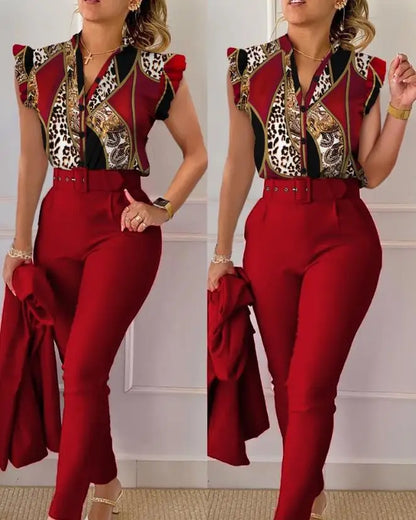 Womens Two Piece Sets Outfit Geometric Print Flutter Sleeve Top & Pants Set with Belt New Fashion 2023 Summer Casua Suit