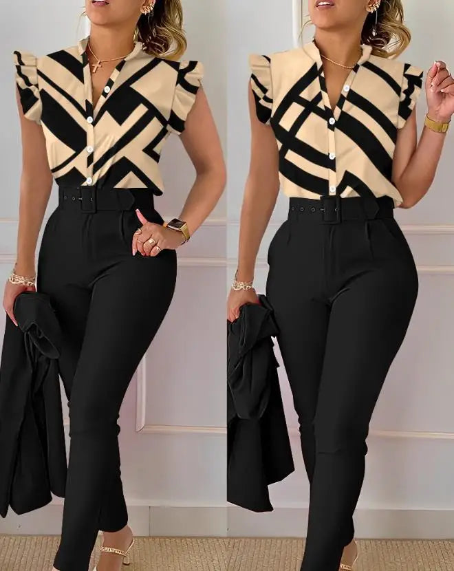 Womens Two Piece Sets Outfit Geometric Print Flutter Sleeve Top & Pants Set with Belt New Fashion 2023 Summer Casua Suit