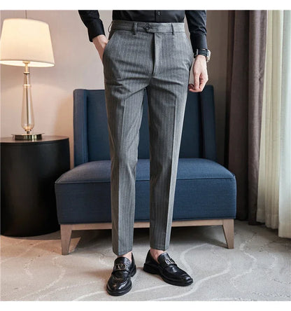 Men Boutique Black Striped Suits Pants Male Formal Wear Wedding Dress Trousers Quality British Style Business Casual Suit Pants