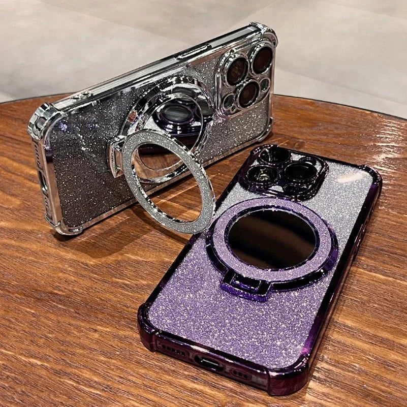 Plating Airbag Glitter Bracket Magsafe Case for iPhone 15 16 Pro Max 15 Plus Luxury Mirror Cover for iPhone 11 12 13 14 Pro Max