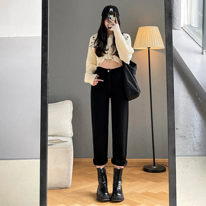 Women Straight Trousers Beige Keep Warm Fur Denim Jeans Thick Velvet Herm Pants Casual Vintage Female Winter Fleece Baggy Pants