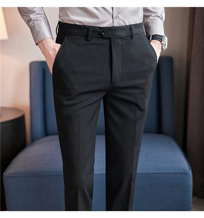 Autumn Winter Thickened Striped Suit Pant Men Business Slim Fit Long Pants Formal Office Social Party Casual Pants Streetwear