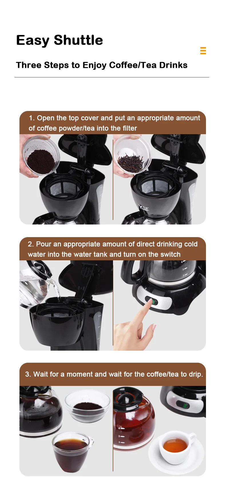 DMWD Semi-Automatic Electric Latte Espresso Coffee Maker Mini 0.6L Moka Drip Cafe American Coffee Brewing Machine Tea Pot Boiler