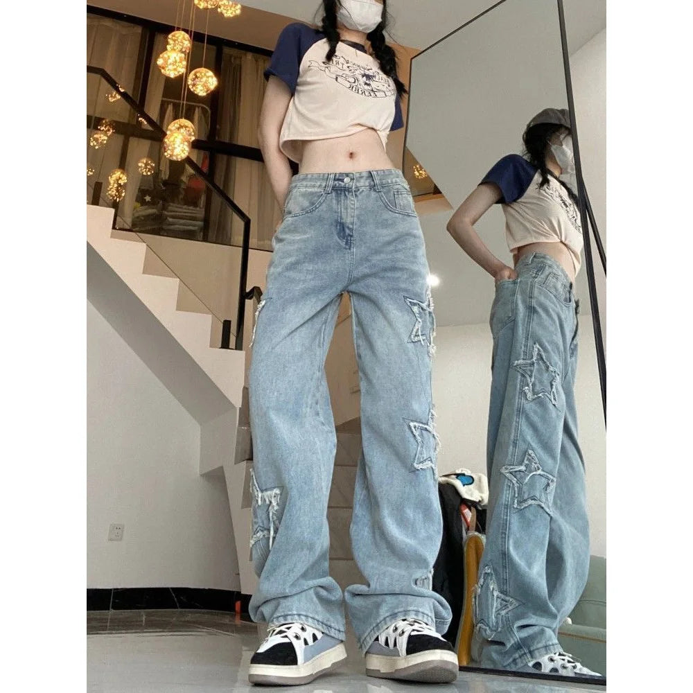 American Retro High Street Jeans Female Spring and Autumn New Design Embroidery High Waist Thin Wide Leg Trousers Tide