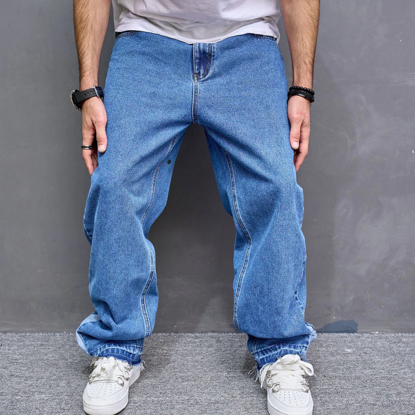 1Pc Trendy Oversize Jeans Zipper Fly/Drawstring Dressing Up Brushed Pants Thin Baggy Jeans Retro Wide Leg Man Pants Men Clothing