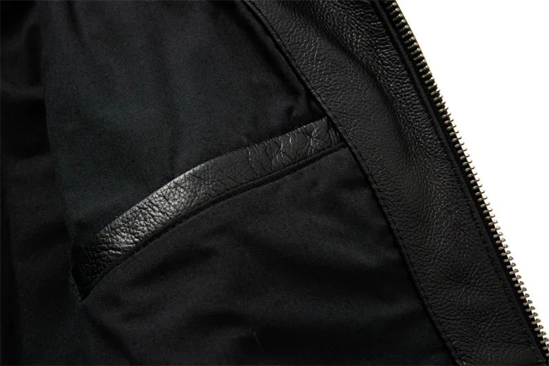 Pure Top Layer Cowhide Genuine Leather Jacket Men's Slim Fit  Lapel Motorcycle Jackets Classical Black Zipper Leather Coat